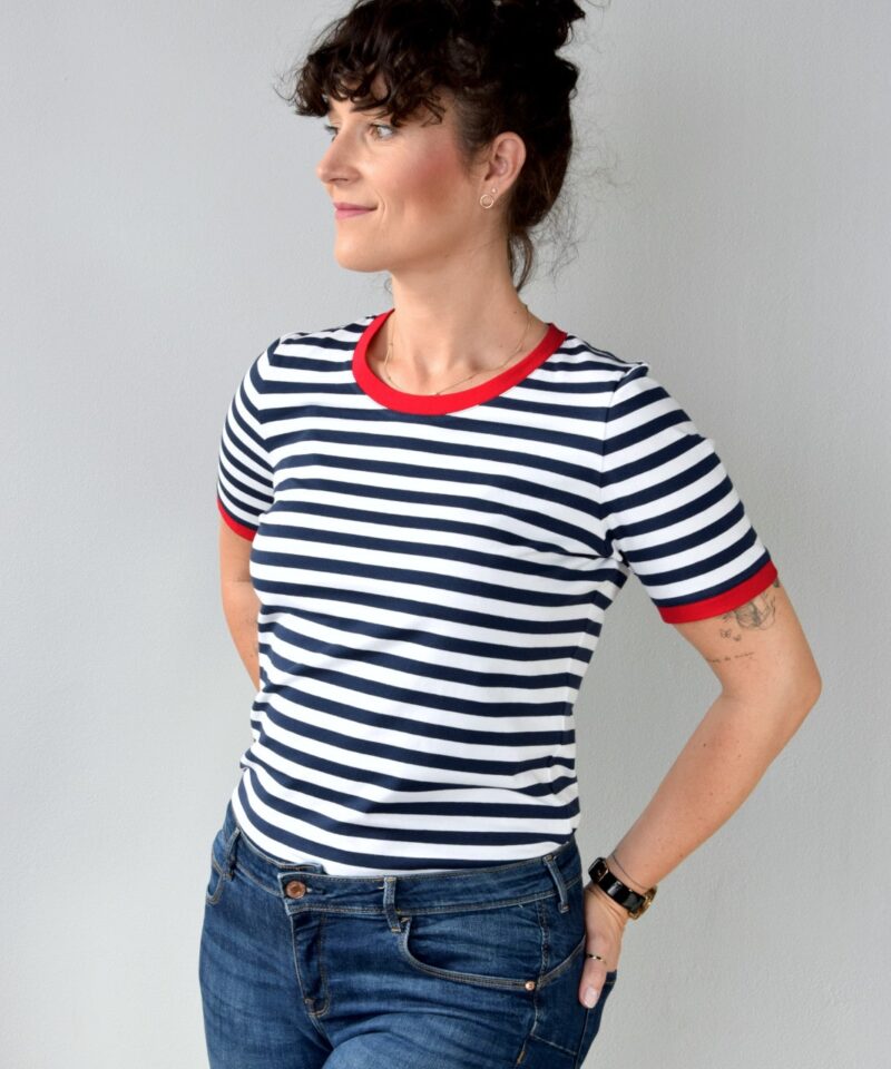 animush t-shirt ringer w paski biało-granatowe czerwona lamówka